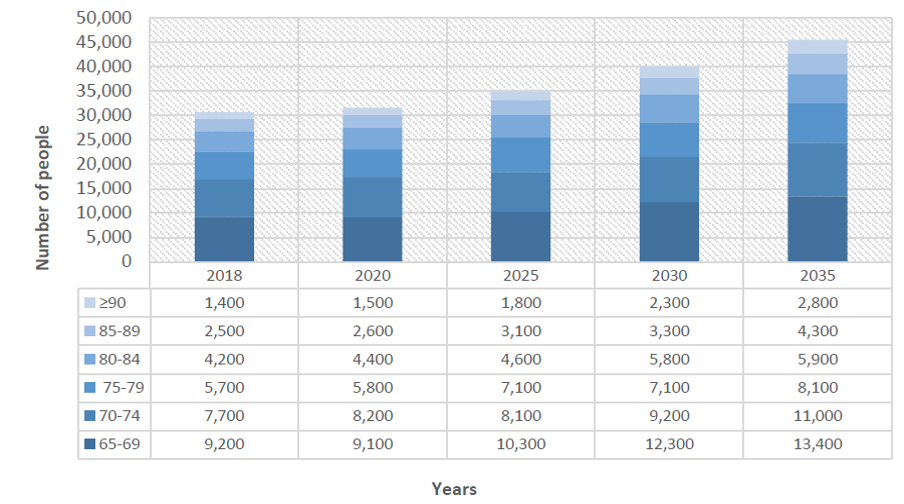 Predicted Age Distribution Amongst People Aged ≥65 in Wandsworth (2018–2035)