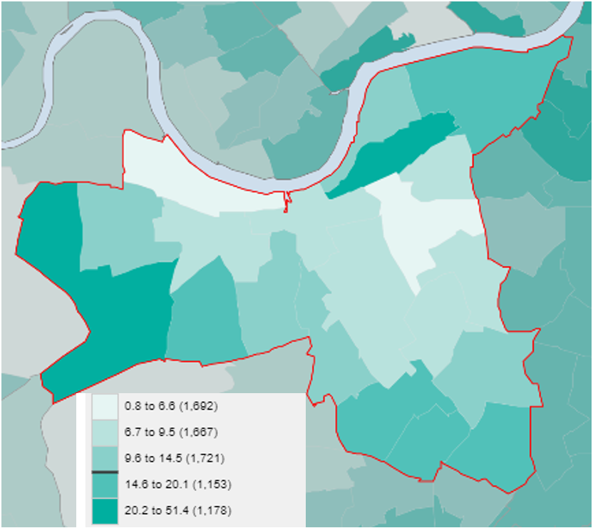 Map of Wandsworth by icnome deprivation (percentage living in income deprived households reliant on means tested benefit)