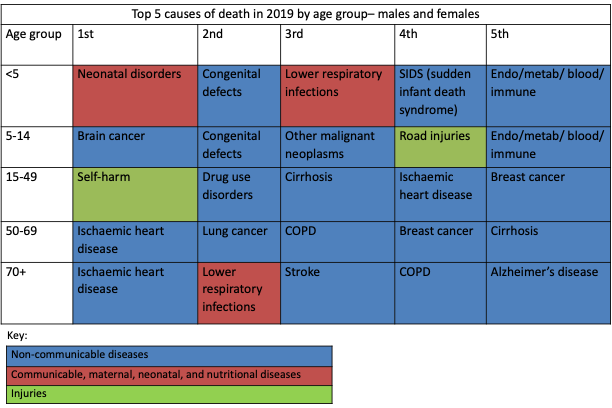 Leading causes of death by age group in Wandsworth, 2019