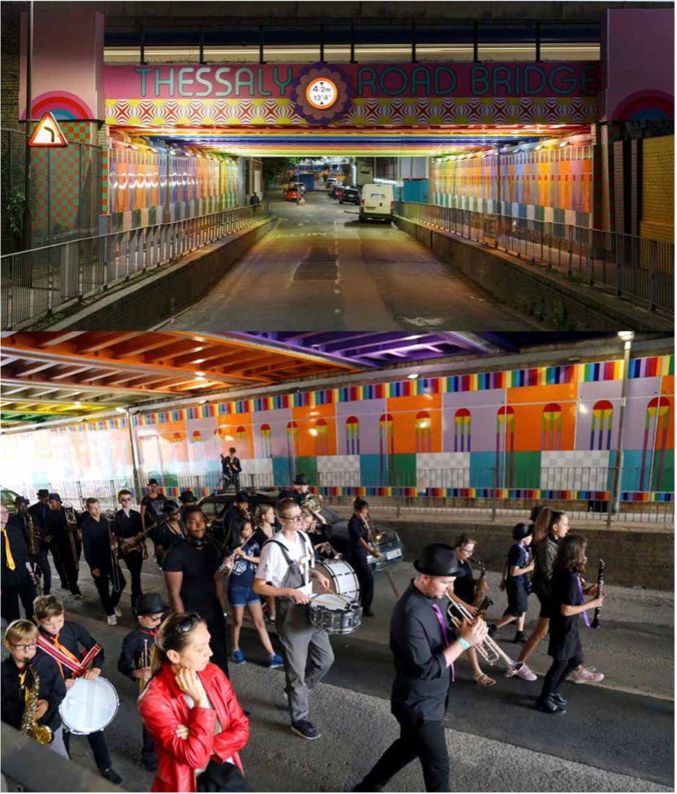 Image Credits: Top Image Yinka Ilori’s ‘Happy Street’ designed to brighten up the dark underpass, used daily by residents, school children and commuters. Below image: World Heart Beat leading a procession through the underpass as part of the Happy Street Festival in 2019