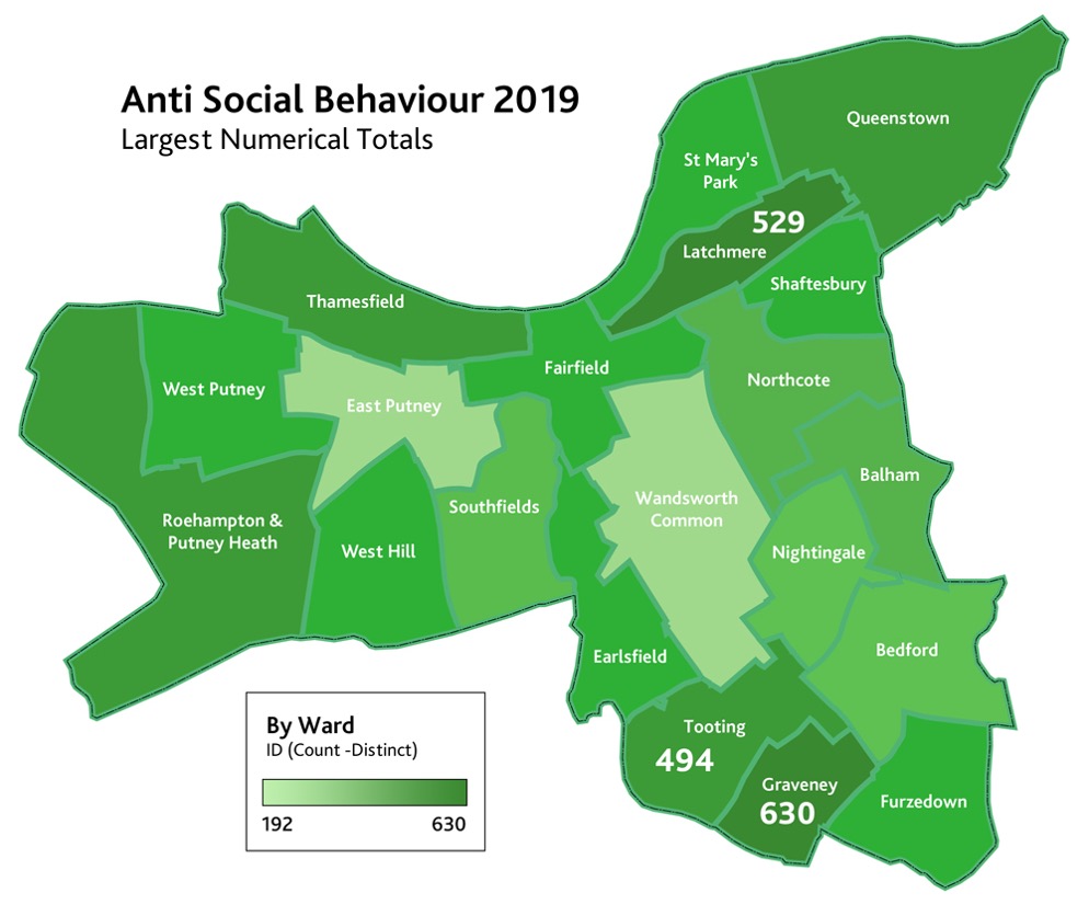 Anti-social Behaviour, by Ward Jan-Dec 2019, Wandsworth