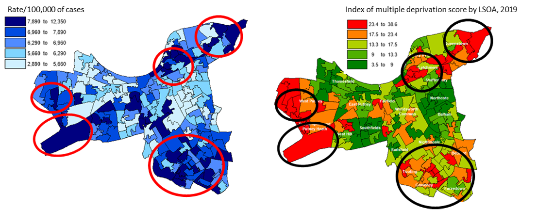 Rate of COVID-19 cases per 100,000 in Wandsworth (left), and deprivation index (right). March 2020-May 2021