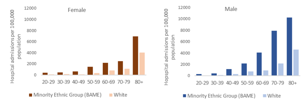 Age-specific hospitalisation rates per 100,000 among confirmed and suspected Wandsworth COVID-19 patients of minority ethnic groups and White ethnic groups, gender and age band, March 2020-March 2021