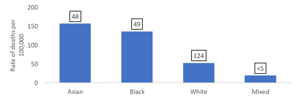 Hospital death rates per 100,000 where primary diagnosis is attributed to COVID-19 by ethnic group, March 2020-March 2021 (number of deaths above bars).