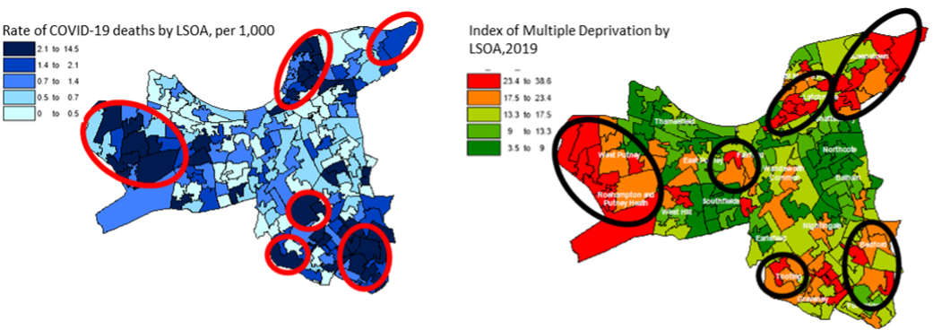 COVID-19 death rates per 1,000 by LSOA in Wandsworth, March 2020 to May 2021 (left map). Index of multiple deprivation, 2019 (right map)