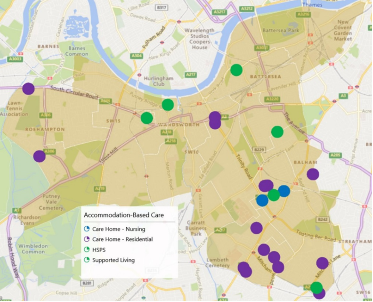 Map of accommodation-based support for Learning disabilities in Wandsworth