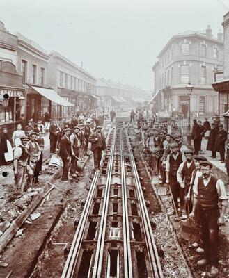 Fig. 13: Wandsworth Town Station: laying of tram tracks, 1906. The track was re-laid after removal of a 'Gas Light or Coke Company' gas main. Source: LMA. Not to be produced without permission.