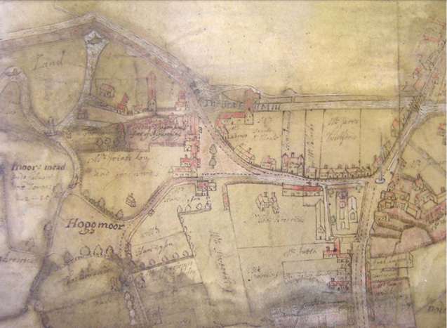 Fig. 3: Wandsworth village as depicted on Peter Gardner’s 1640 map of Allfarthing Manor (based on a survey of 1633). North is to the left. (SHC:3991/1: Reproduced by permission of Surrey History Centre; copyright of Surrey History Centre