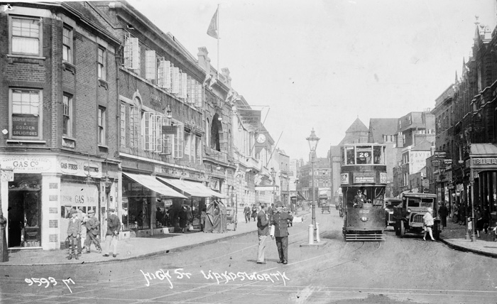Fig. 10: High Street c.1925 looking east from Garratt Lane & Ram Streets. Source: Wandsworth Heritage Service