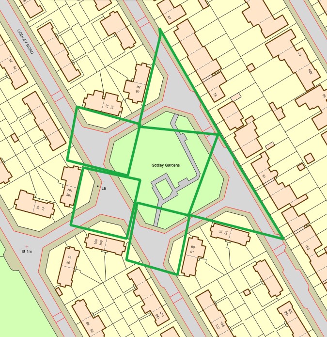 Fig. 27: Diagram showing the spaces created by the paired corner housing. Originally the central grass would have been a church and so the spaces around the church would have given the houses an increased outlook