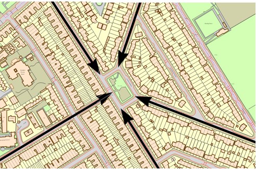 Fig. 30: Terminating views towards Swaby Gardens. Views which would have terminated on a church now terminate on a cluster of mature trees, enhancing the garden suburb character