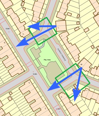 Fig. 31: This diagram shows how the corner houses address the junctions rather than the main green, which was originally planned to be a church