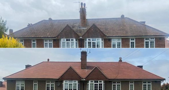 Fig. 65: The above image has its roof replaced with inappropriate pantiles with their distinctive S curve. The lower image shows the original material of small clay plain tiles which are a simple flatter shape.
