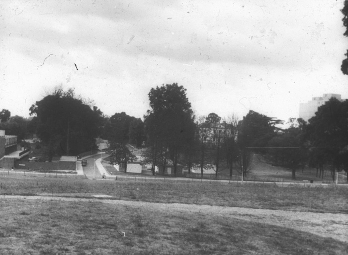 Fig. 12: View of Mount Clare from Downshire Field once much of the estate has been constructed. The street with the Bungalows is formed on the same route as the original carriage driveway.