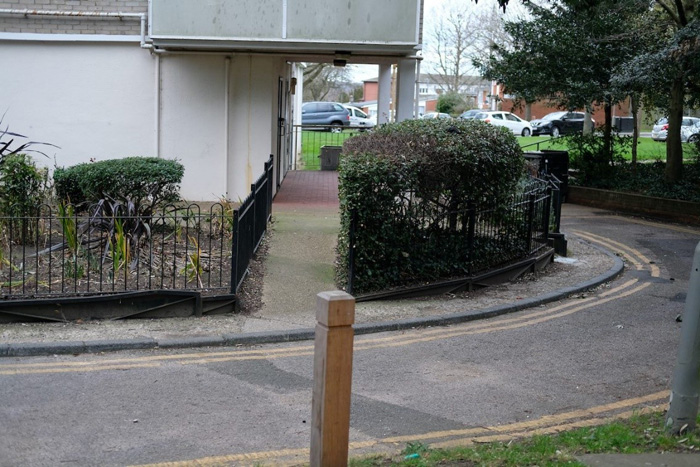 Fig. 25: Modern replacement railings around the point block entrances