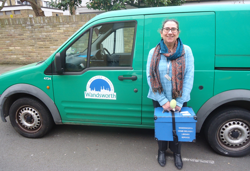 Karen Kneller with the mobile van library