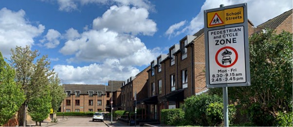 Photo of a School Street sign showing restrictions