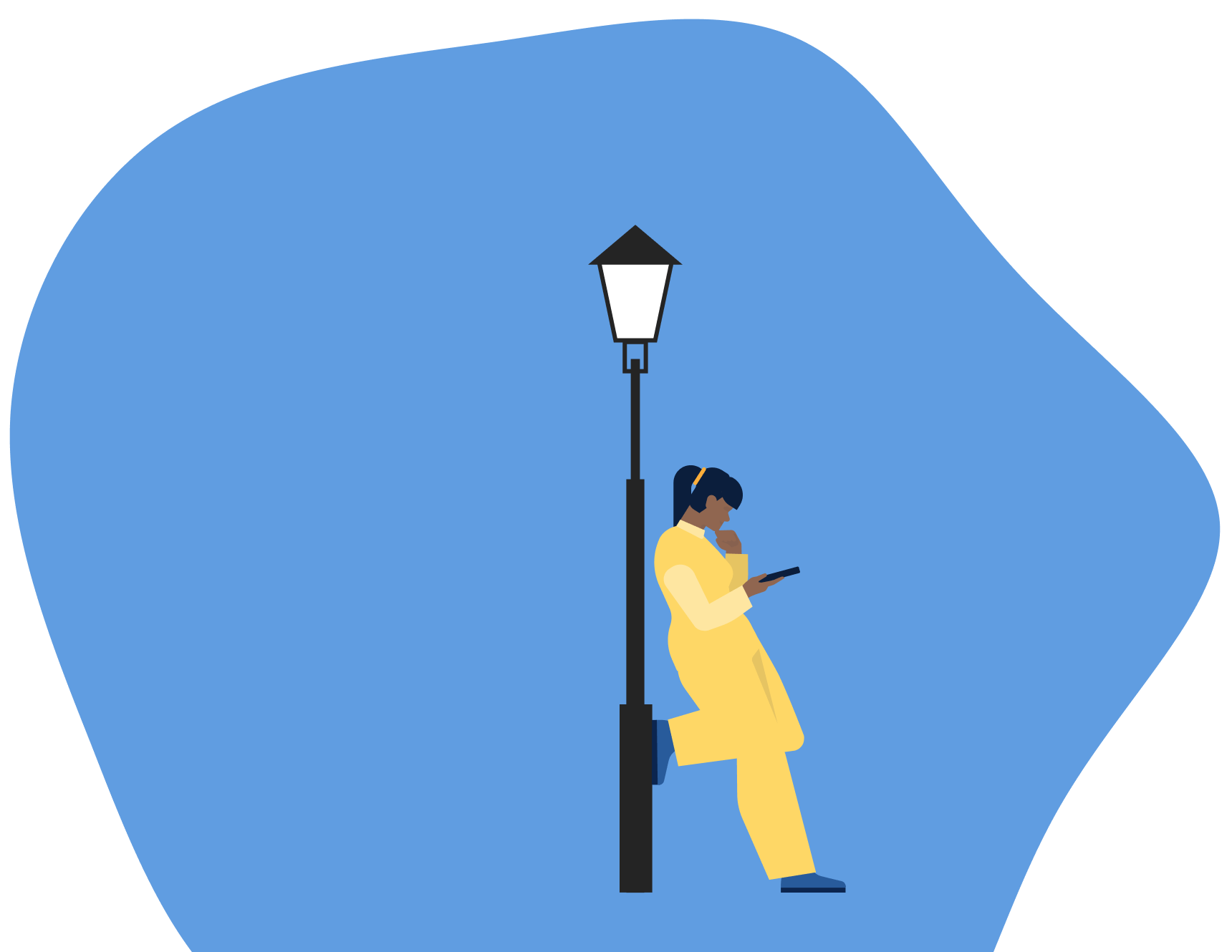 Girl leaning against lamp post on phone graphic